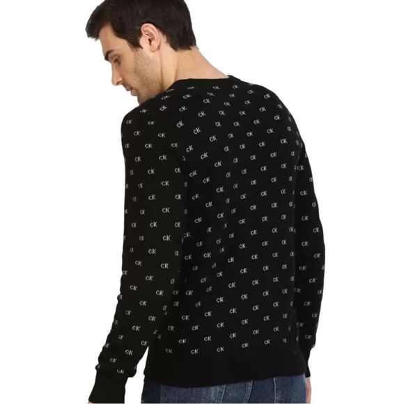 Calvin Klein Black Wool Blend CK Logo Pattern Crewneck Pullover Sweater - Picture 3 of 8